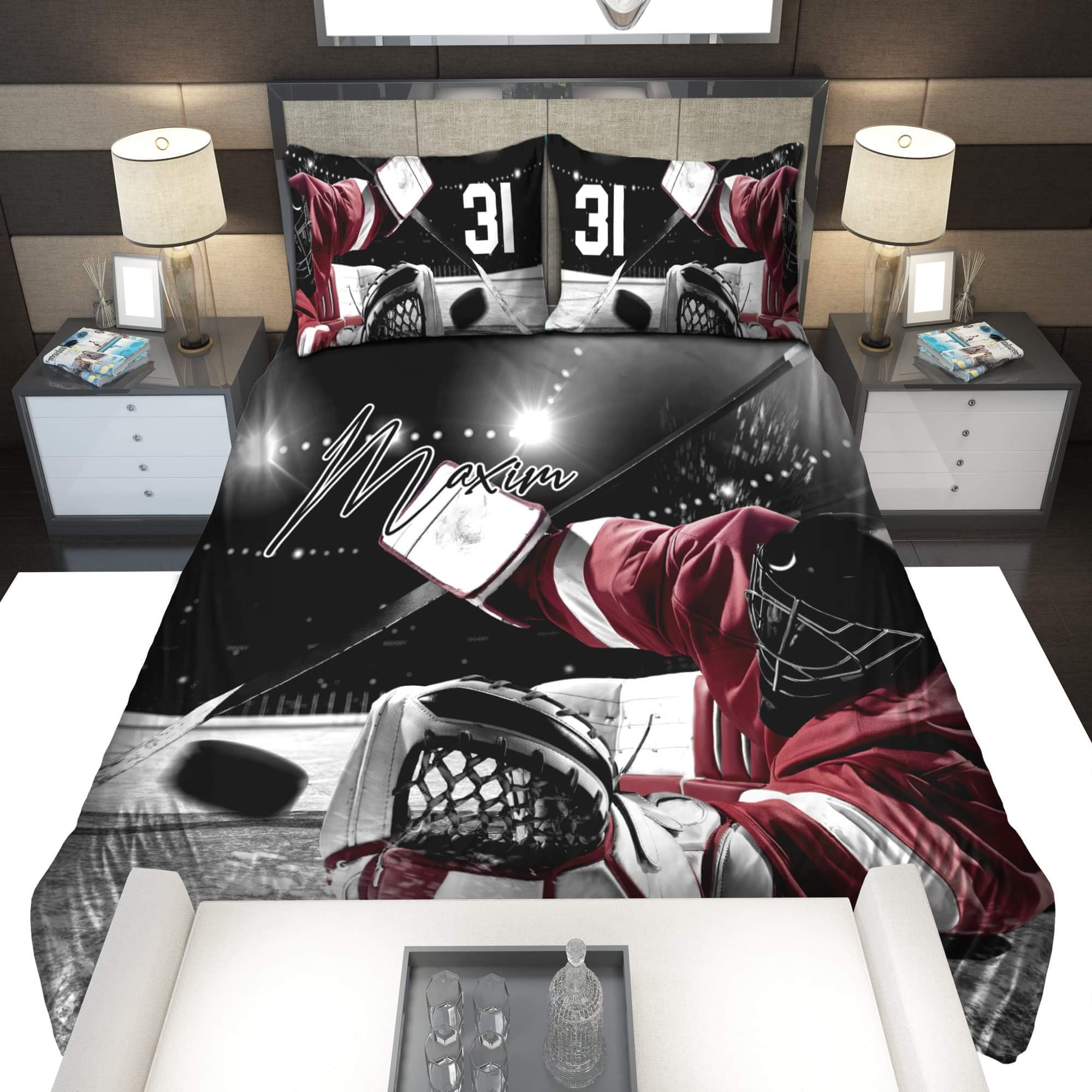 Ice Hockey Goalie Catching Puck Personalized Custom Name & Number Sport 21 Bedding Set