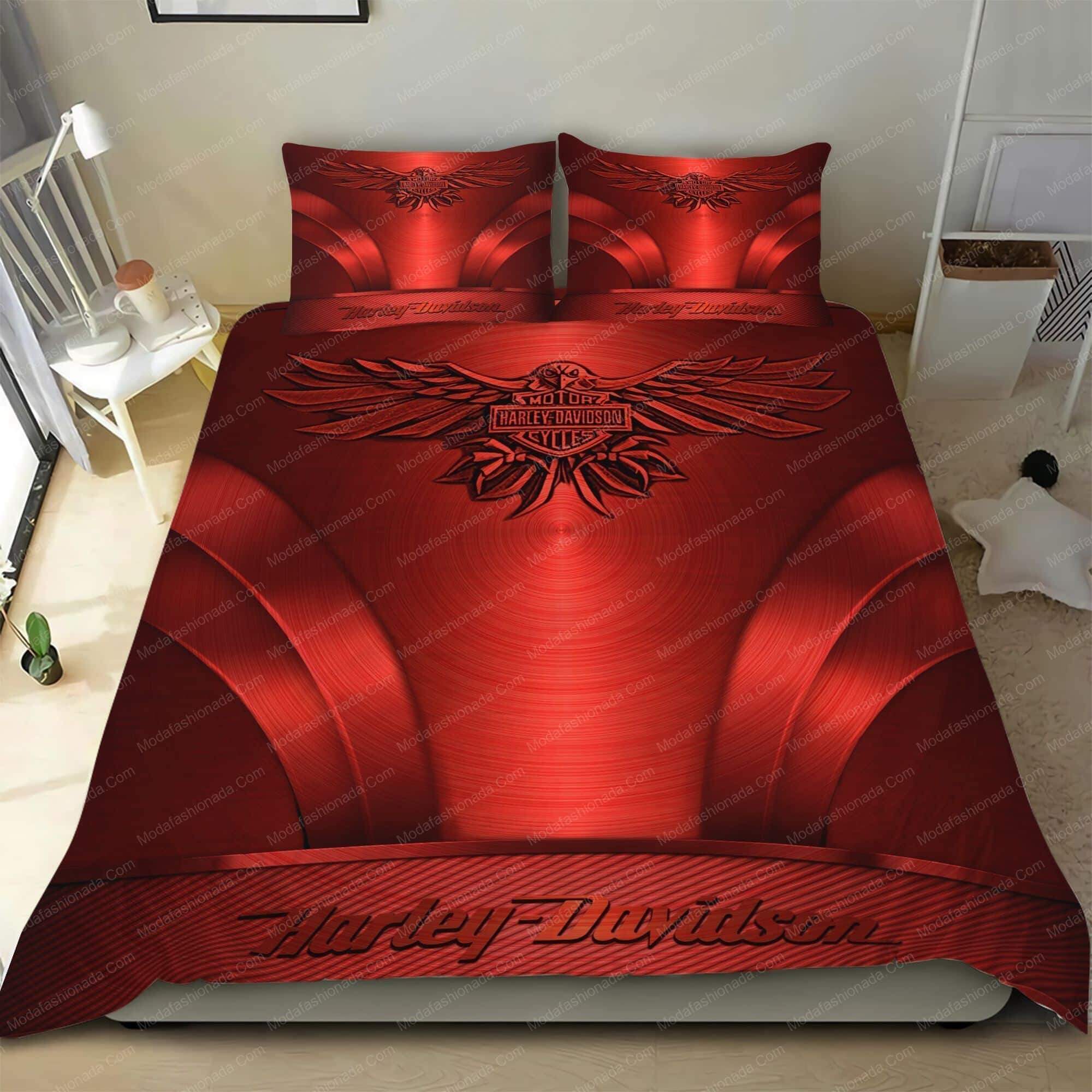 Harley Davidson Eagle Red Background Motorcycles Logo Moto 25 Bedding Set