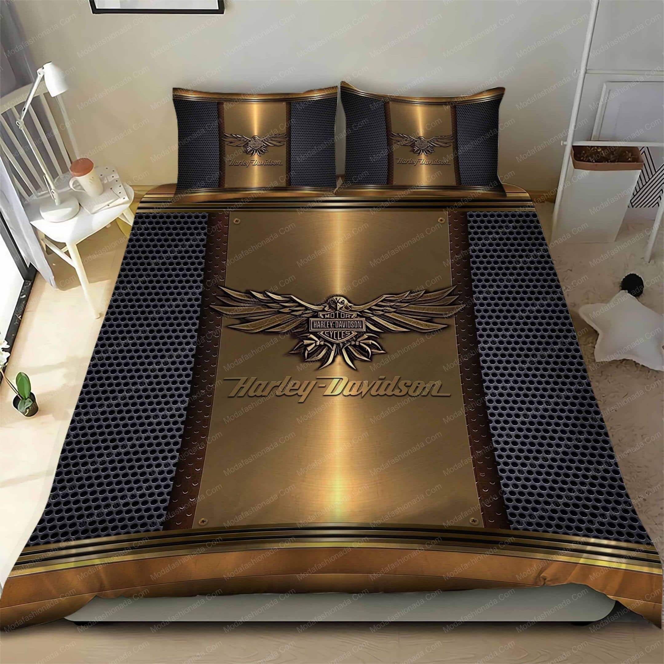 Harley Davidson With Eagle Silver Background 101 Bedding Set
