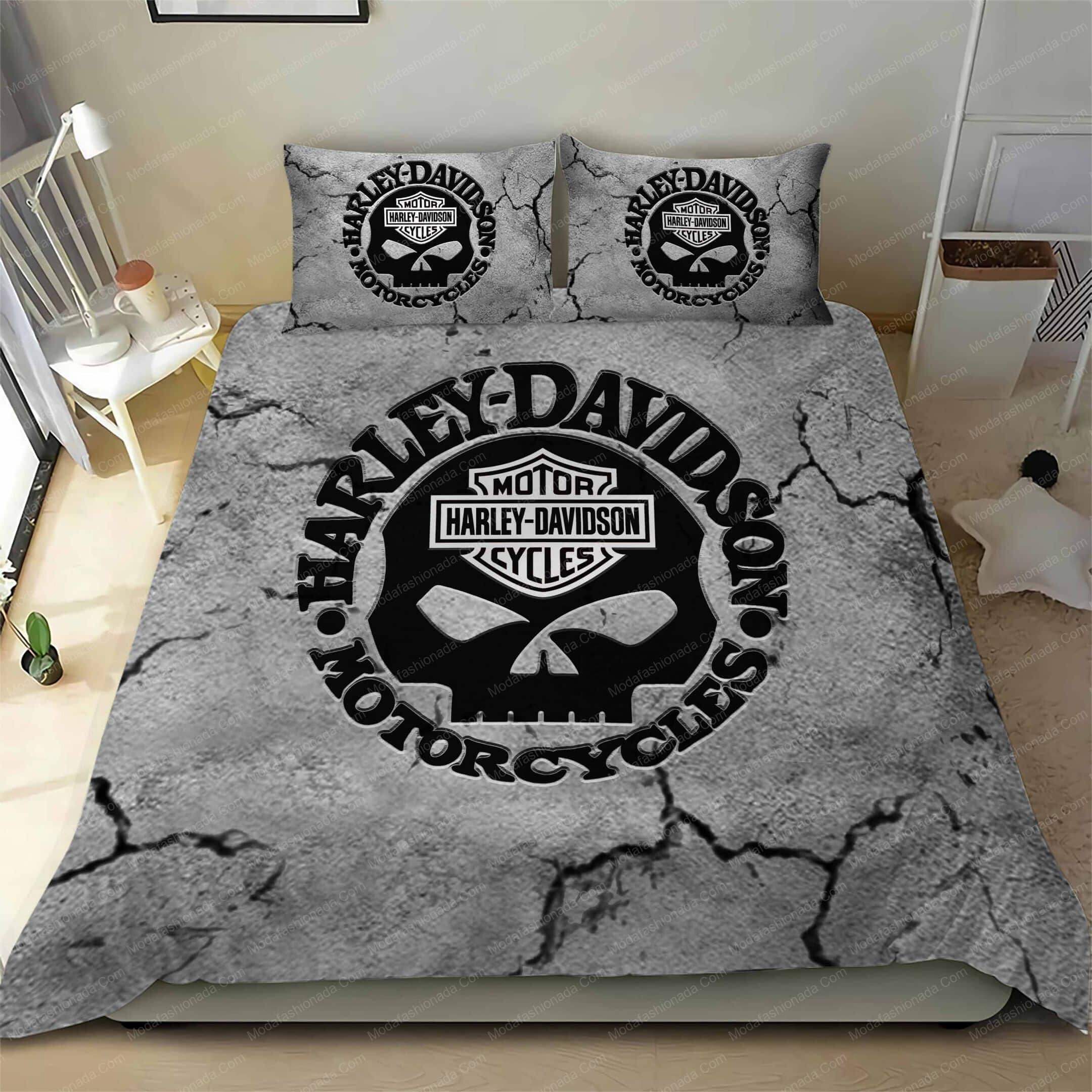 Harley Davidson With Skull Motorcycles Logo Broken Wall Background 96 Bedding Set