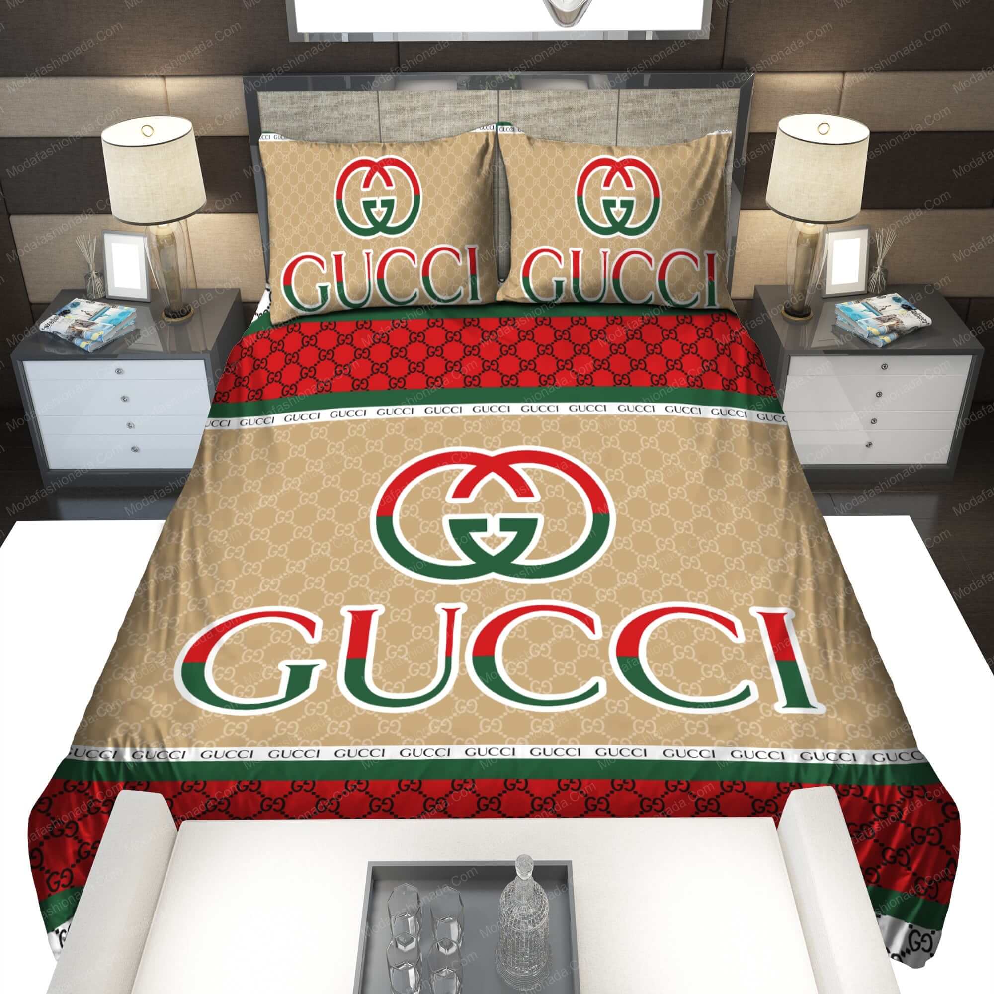 Gucci Logo Red And Green With Beige Background Color Bedding Sets
