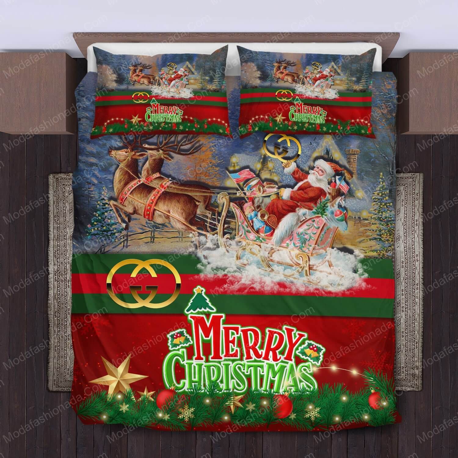 Santa Claus’s Reindeer Merry Christmas Gucci Bed Sets Bedding Sets - Modafashionada.Com