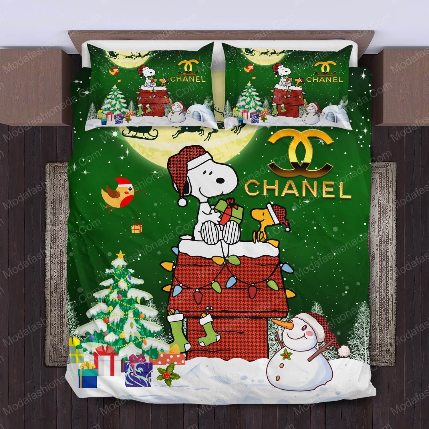 Snoopy Dog Chanel Merry Christmas Bed Sets Bedding Sets - Modafashionada.Com
