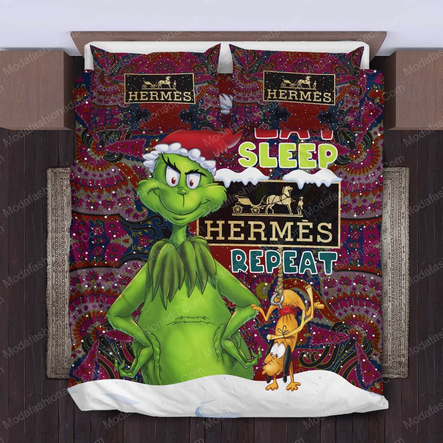 The Grinch Eat Sleep Hermès Repeat Christmas Bed Sets Bedding Sets - Modafashionada.Com