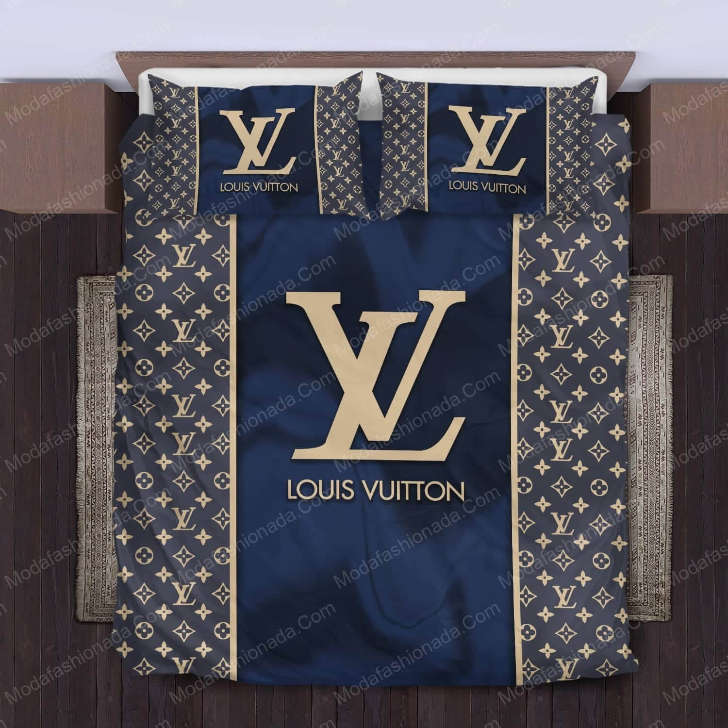 Navy Louis Vuitton Brand Color With Classic Monogram Pattern Bedding Sets