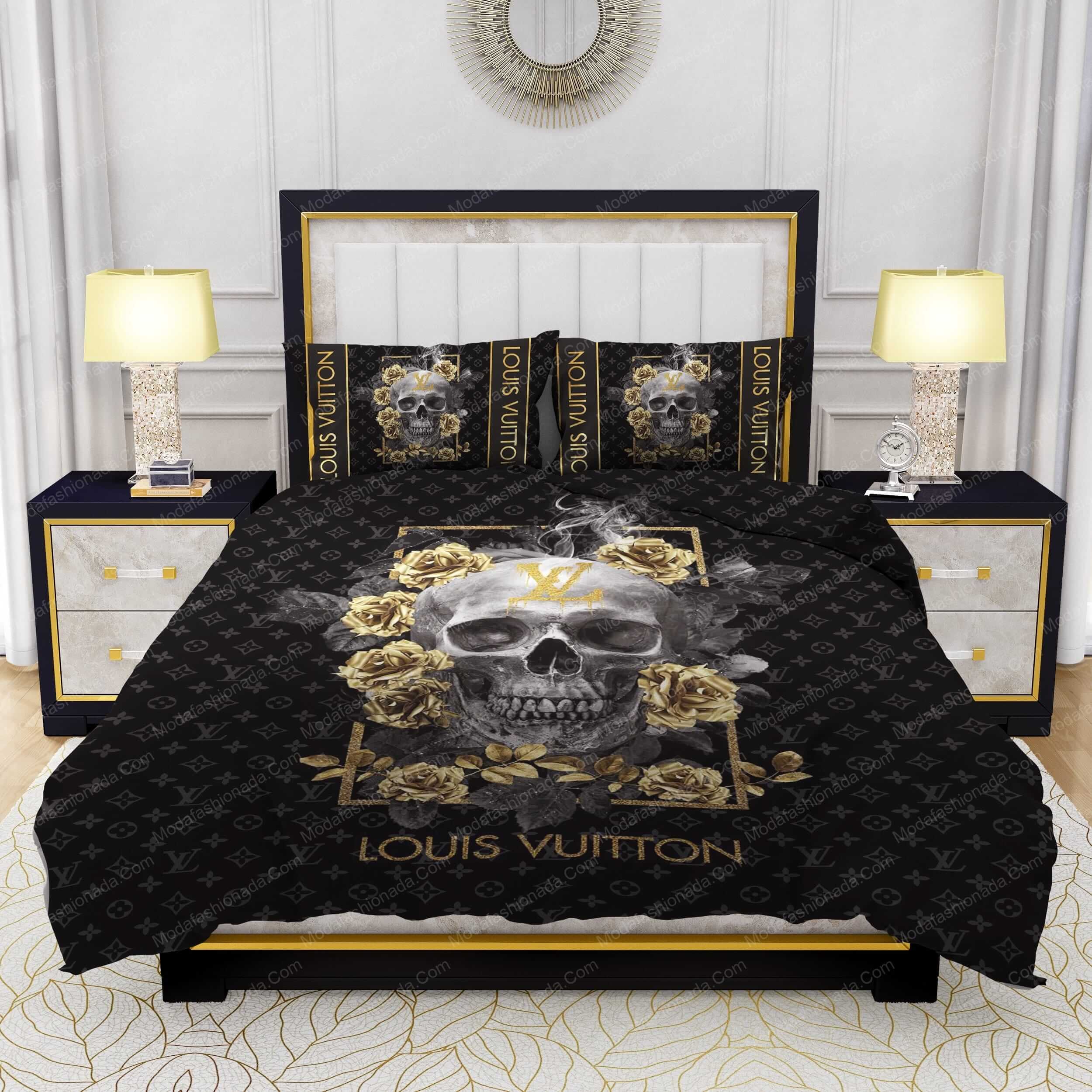 Skull And Yellow rose Louis Vuitton Bedding Sets - Modafashionada.Com