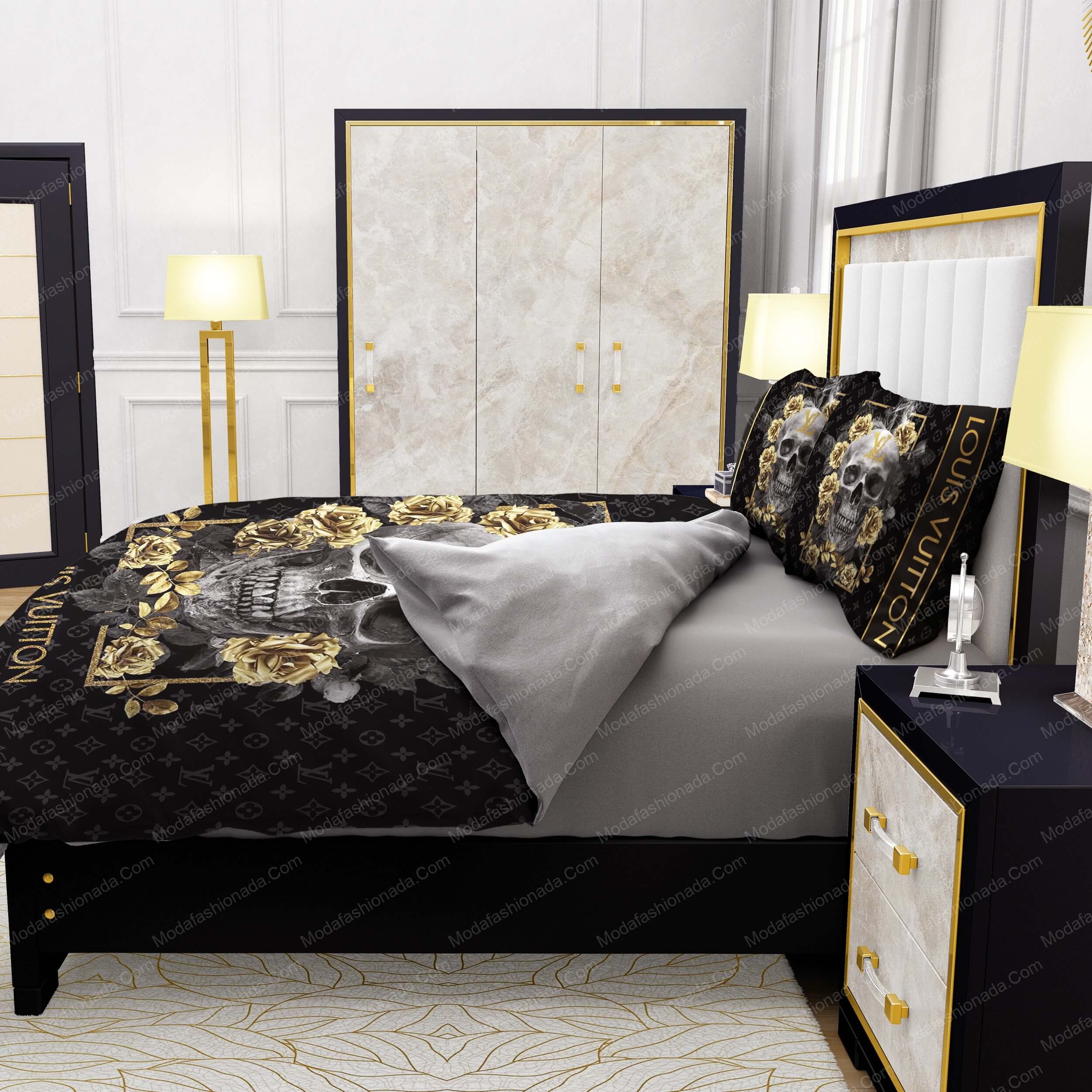 Skull And Yellow rose Louis Vuitton Bedding Sets - Modafashionada.Com Skull And Yellow rose Louis Vuitton Bedding Sets - Modafashionada.Com