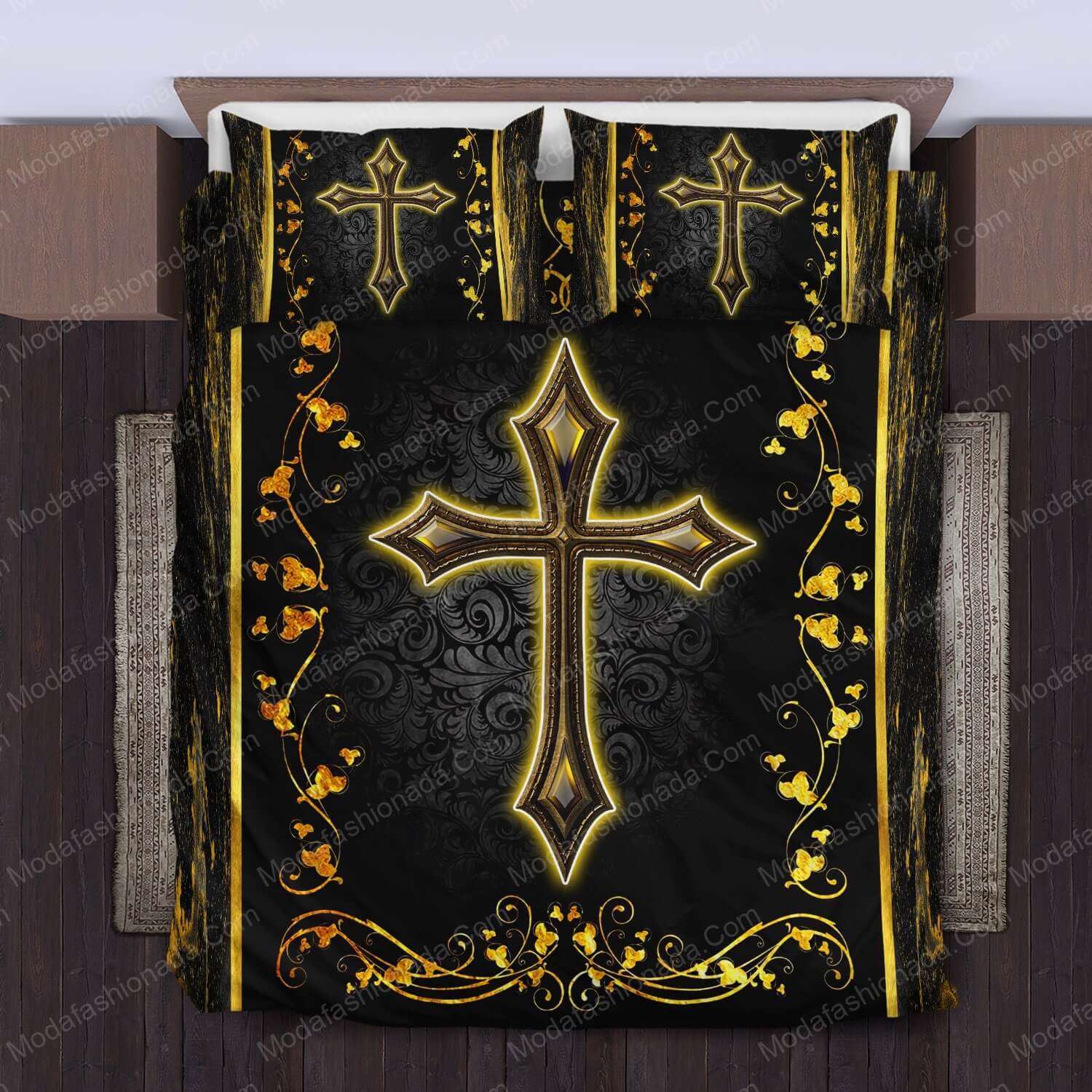 Cross Jesus Black And Gold Background Bedding Sets - Modafashionada.Com