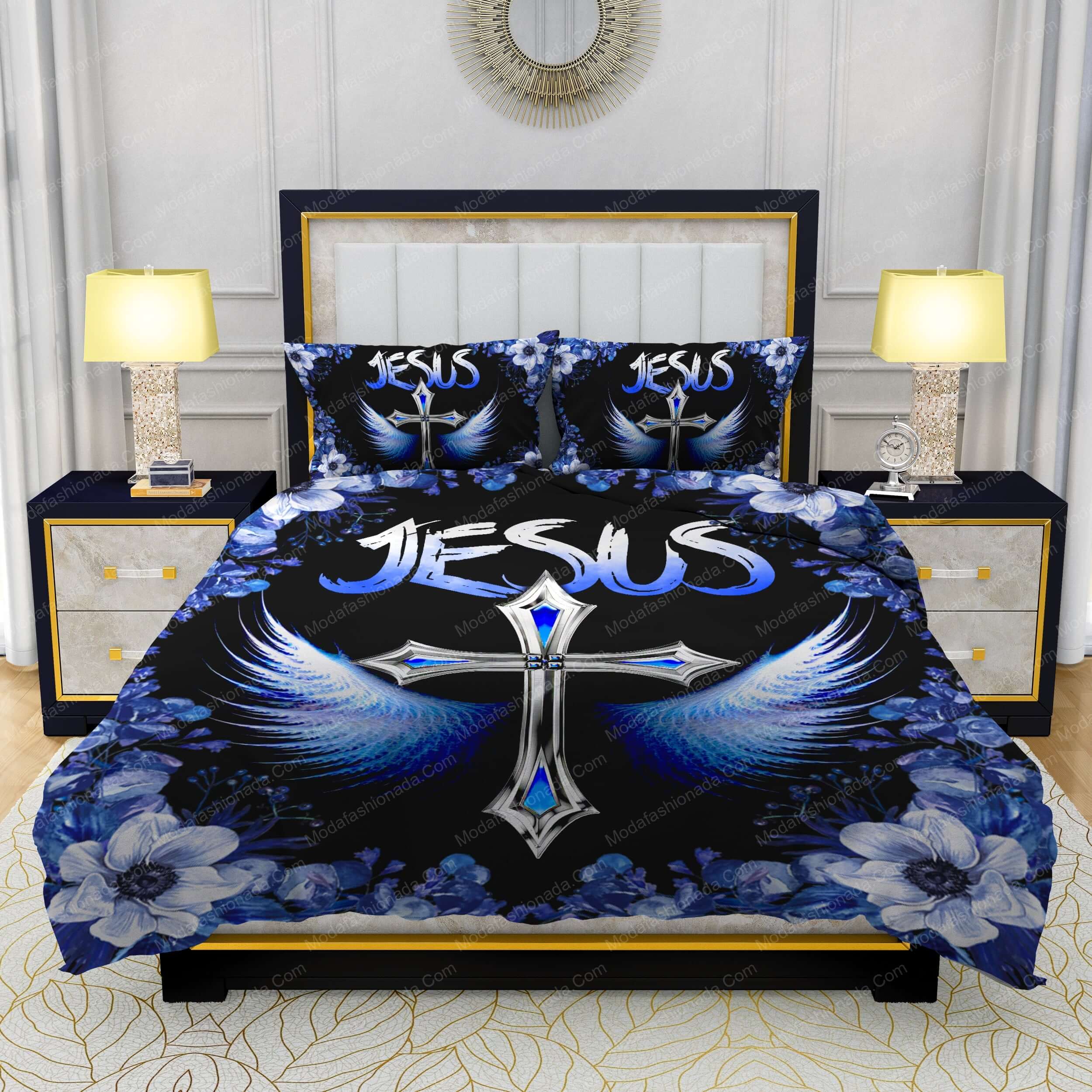 Jesus Cross Navy Blue Floral Bedding Sets - Modafashionada.Com