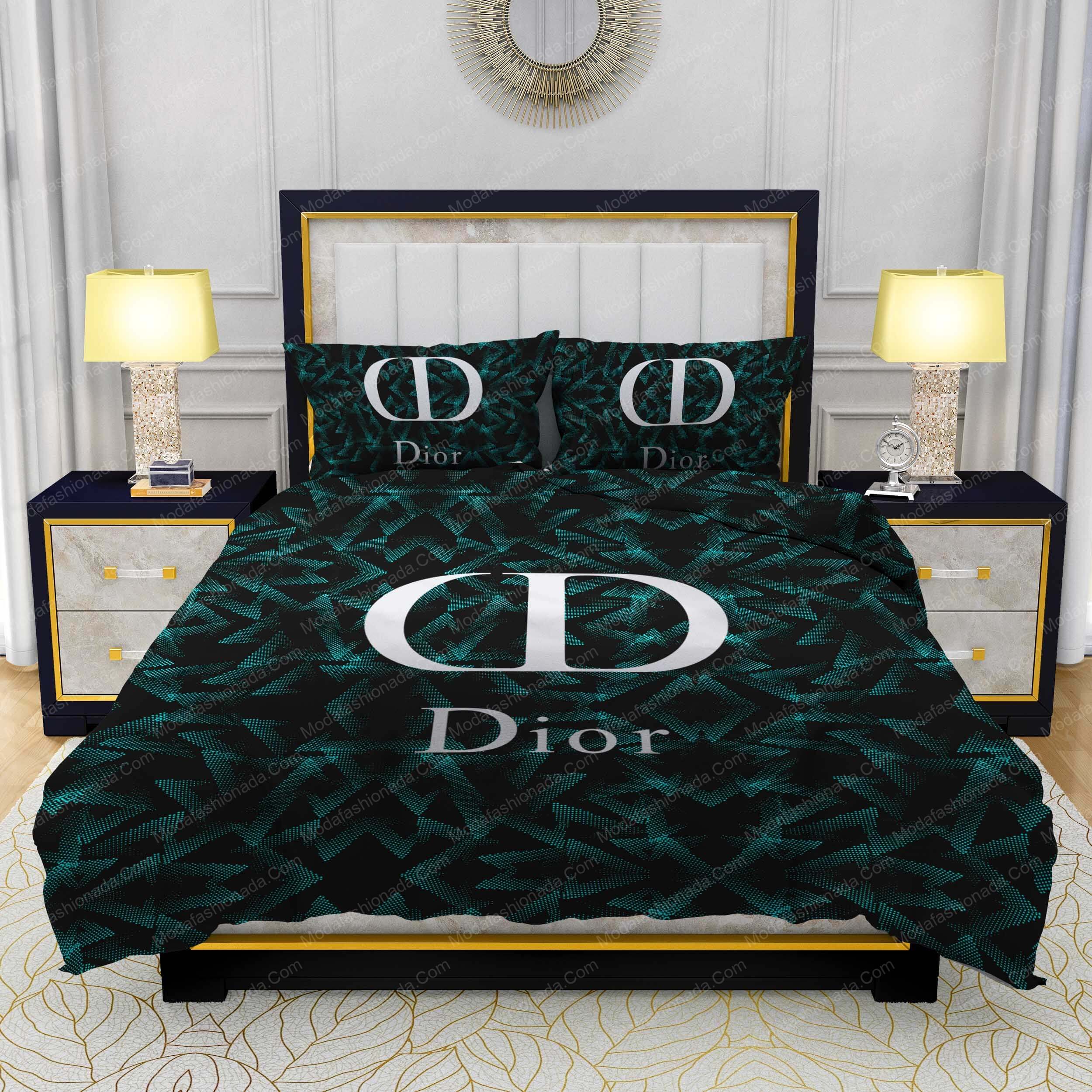 Dior Logo Black And Green Abstract Pattern Prominently Bedding Sets