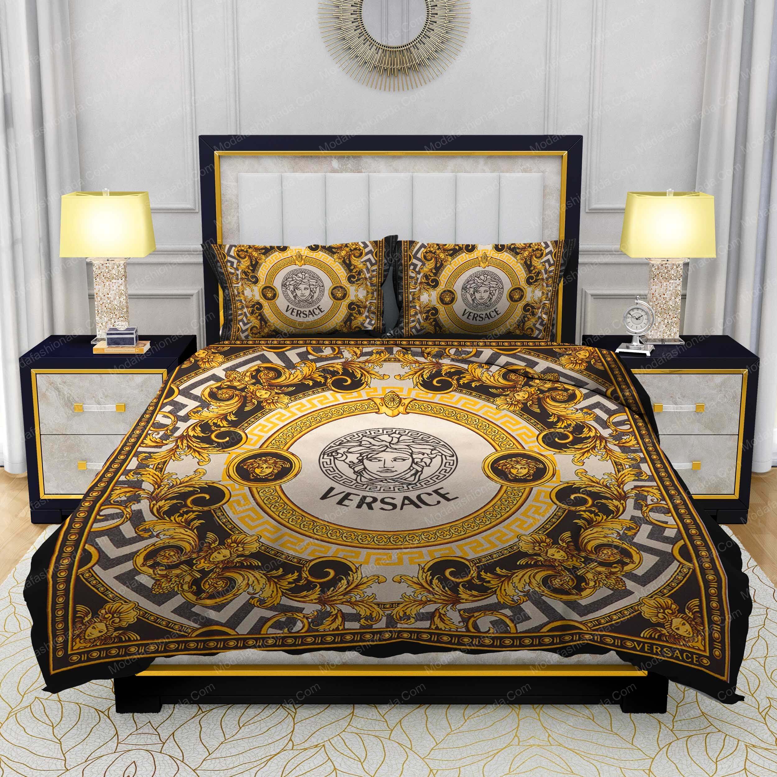 Luxurious Versace Logo Intricate Gold And Black Baroque Patterns Bedding Sets